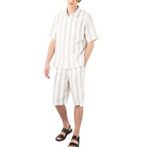 UpWest Mens Medium Striped Resort Shirt Pullover‎ Hemp Blend Beige White